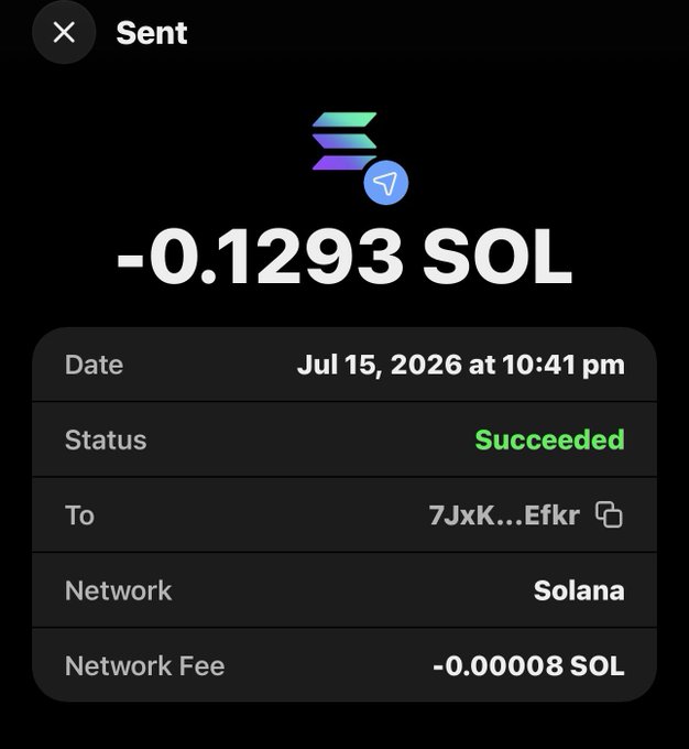A transaction confirmation screen showing a successful "Sent" transaction of -0.1293 SOL on the Solana network to address 7JxK...Efkr, dated Jul 15, 2026, with a network fee of -0.00008 SOL. The image supports the post by displaying the airdrop transaction details as proof of the SOL sent to the recipient.