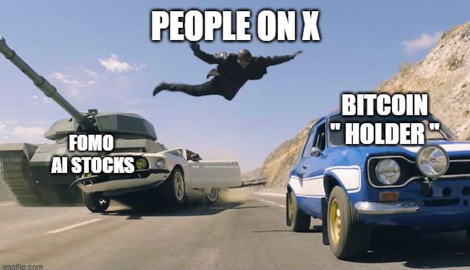 This meme depicts a tank crushing a car labeled "FOMO AI STOCKS" next to a blue car labeled "BITCOIN 'HOLDER'", while a figure labeled "PEOPLE ON X" leaps through the air above the scene.