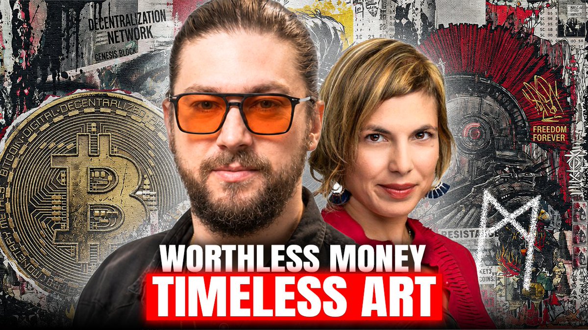 A YouTube thumbnail featuring two people—a bearded man in orange-tinted glasses and a woman in red—set against a collage background with Bitcoin imagery, a Roman soldier illustration, and text reading "DECENTRALIZATION NETWORK," "FREEDOM FOREVER," and the episode title "WORTHLESS MONEY / TIMELESS ART" for Ep. 155 of the Freedom, Forged in Art podcast.
