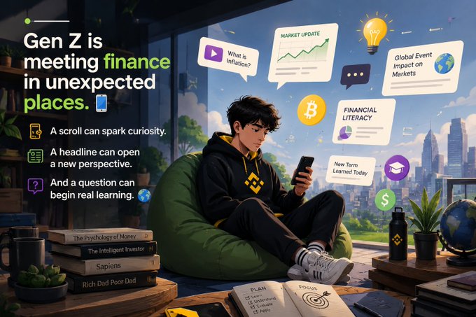 An illustrated promotional graphic titled 'Gen Z is meeting finance in unexpected places' showing a young person on a beanbag with a phone surrounded by financial literacy elements like Bitcoin, market updates, and books including 'The Psychology of Money,' 'The Intelligent Investor,' 'Sapiens,' and 'Rich Dad Poor Dad.'