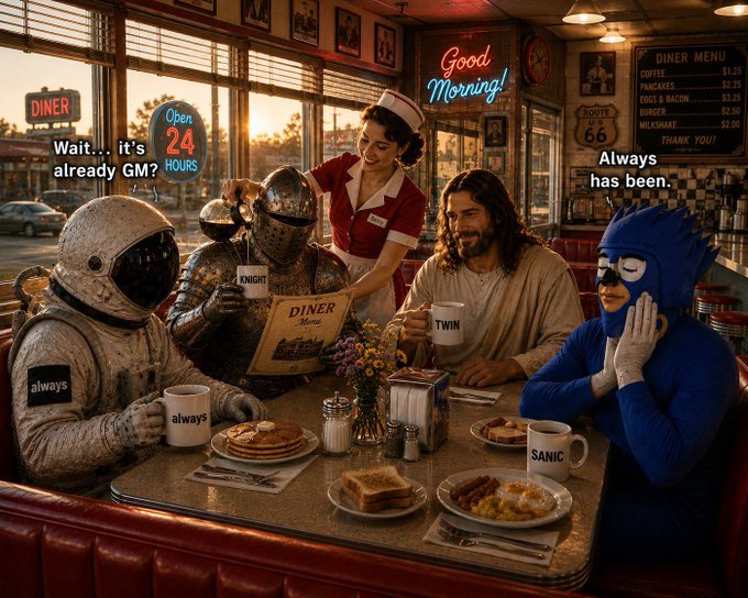 A whimsical AI-generated diner scene featuring a knight, astronaut, Jesus-like figure, and Sonic the Hedgehog in a blue balaclava sitting at a booth, with a waitress and neon 'Good Morning!' and 'Open 24 HOURS' signs, accompanied by humorous text including 'Wait... it's already GM?', 'Always has been.', and 'SANIC'.