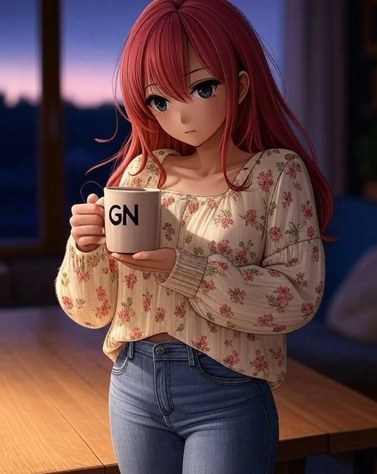 An anime-style illustration of a girl with long red hair holding a mug labeled 'GN,' wearing a floral top and blue jeans against a sunset background.