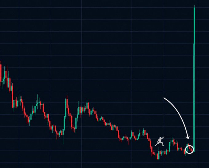 A cryptocurrency price chart with a dramatic vertical green candle spike on the right, with an arrow and figure drawn on the chart pointing toward the sudden price movement.