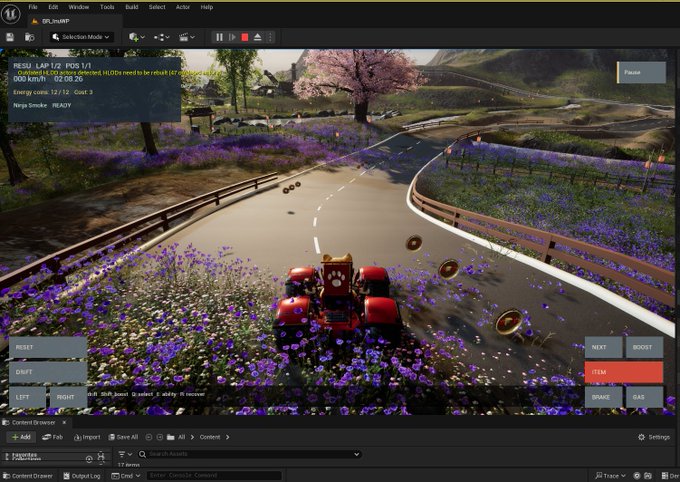 A screenshot from the Unreal Engine editor displays a 3D racing scene featuring a red vehicle driving on a curved road surrounded by purple flowers, with pink cherry blossom trees in the background. The visible debug overlay shows "RESULT: LAP 1/2, POS 1/1" and "Distance 92.05.26", indicating a work-in-progress gaming environment that aligns with the tweet's reference to "Katana Inu" as an upcoming driving-related project.