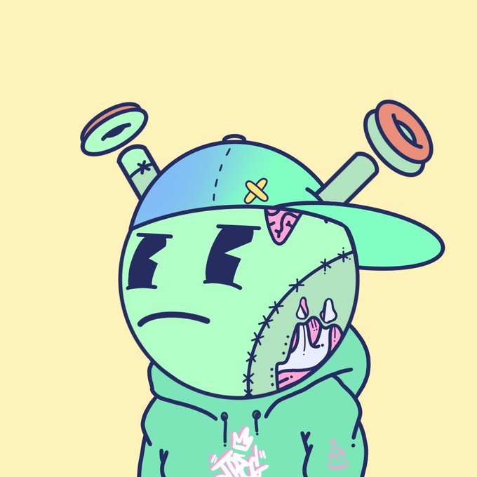 An illustration of a green, zombie-like cartoon character wearing a backwards cap with antenna-like protrusions, featuring a stitched face and a partially exposed brain, set against a pale yellow background.