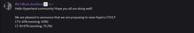 Discord announcement from 'Rik | Block Analitica' to the Hyperlend community proposing to raise Hype's LTV to 65% (existing: 60%) and LT to 81.47% (existing: 75.2%).
