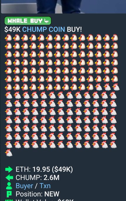 A crypto whale tracker screenshot displays a massive "$49K CHUMP COIN BUY" alert, visualized by rows of duck and chicken emoji icons representing the transaction's scale, showing 19.95 ETH ($49K) exchanged for 2.6M $CHUMP tokens. The post celebrates this unusually large buy of the $CHUMP meme coin as evidence of bullish market momentum.