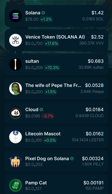 A crypto portfolio tracking app shows a list of Solana-based meme tokens including Venice Token (SOLANA AI) at $2.52 (+17.6%), sultan at $0.683 (+72.3%), The wife of Pepe at $0.0528 (+1.5%), Cloud at $0.0184 (-3.7%), Litecoin Mascot at $0.0162 (+0.5%), Pixel Dog on Solana at $0.00324, and Pamp Cat at $0.00191—illustrating the meme coin gambles the user referenced, with small individual holdings (e.g., 360.37K VVV, 32.69K sultan) that still amount to less than $10 combined.