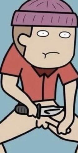 A cartoon illustration of a sullen character wearing a pink beanie and red shirt, sitting while holding a fork and knife as if preparing to eat.