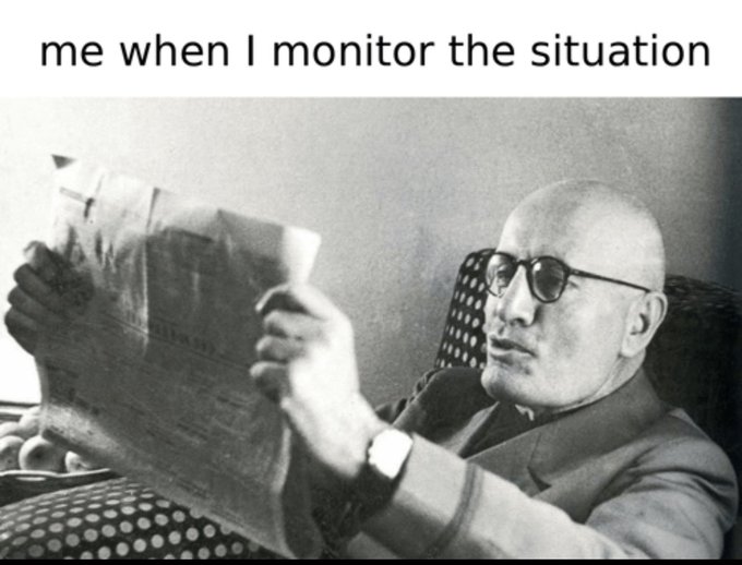 A black-and-white meme image showing a bald man with round glasses, with text at the top stating 'me when I monitor the situation'.