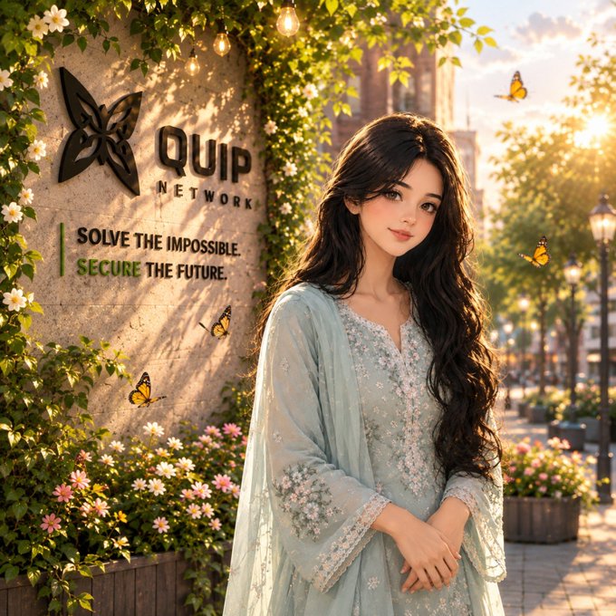 A digitally generated image of a young woman with long dark hair in a floral blue dress standing in front of a stone wall with a logo reading 'QUIP NETWORK' and the tagline 'SOLVE THE IMPOSSIBLE. SECURE THE FUTURE.'