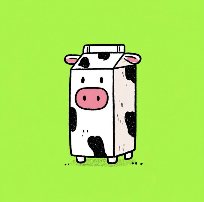 A cartoon cow designed to look like a milk carton, with black spots, a pink snout, and small ears, set against a bright green background—playfully illustrating the "hand-drawn" cows theme.