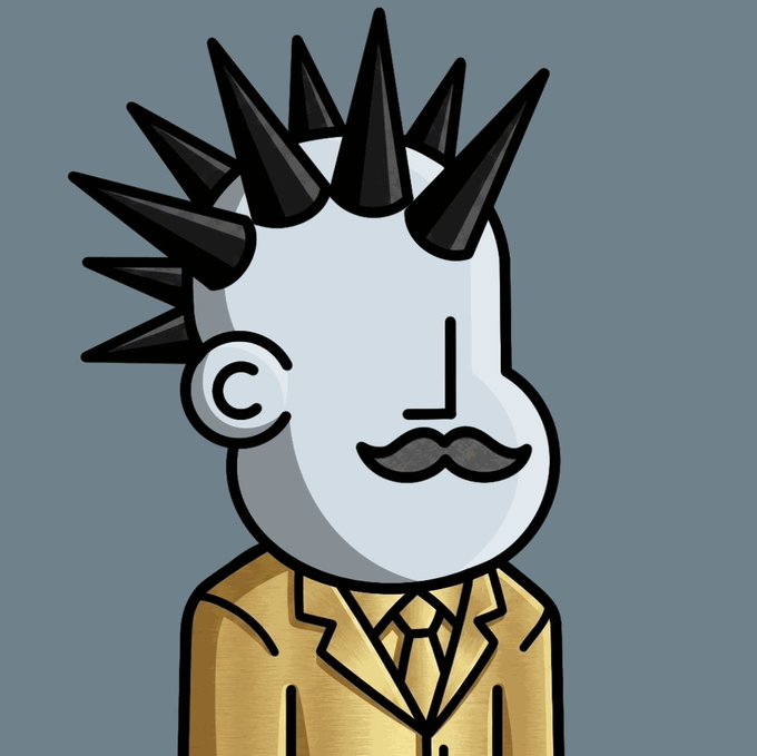 A cartoon character with a spiked hairstyle, mustache, and golden suit is set against a blue-gray background.