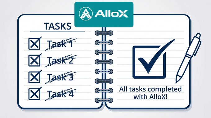 The image shows a notebook with a list of tasks written on it, along with a pen next to it. The task list includes "Tasks" and "AlloX", which are related to cryptocurrency trading or investing. The pen indicates that someone has completed these tasks manually. The caption suggests that the person who did this manual work is not good at crypto, as they have spent time on manual research instead of using automated tools like AlloX for trading or investing purposes.