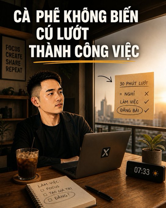 Vietnamese motivational graphic with text 'CÀ PHÊ KHÔNG BIẾN CÚ LƯỚT THÀNH CÔNG VIỆC' showing a young man working at a laptop, with a sticky note listing '30 PHÚT LƯỚT = NGHỈ, LÀM VIỆC, ĐĂNG BÀI' and a clock showing 07:33.