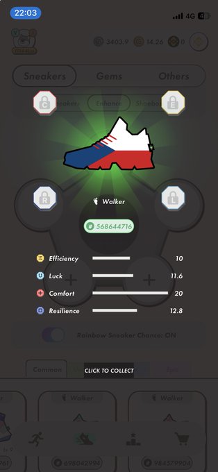 The image shows a phone screen displaying an app called "WALKER" with a pair of shoes, which are blue, red, white, and green. The app has four different settings that can be adjusted for comfort and performance. There is also a button labeled "CALLBACK" at the bottom right corner of the screen.