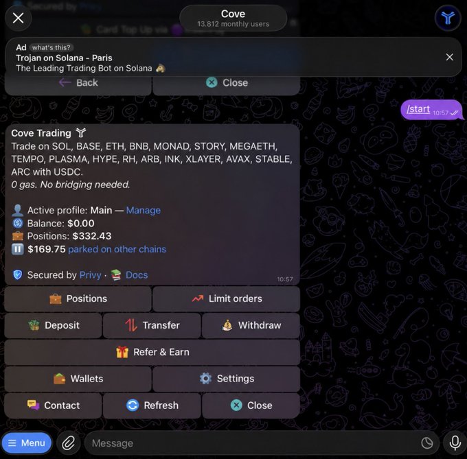 A Telegram bot interface for 'Cove' showing trading information with 13,812 monthly users, listing supported chains including SOL, BASE, ETH, BNB, and others, with balance of $0.00 and positions of $332.43.