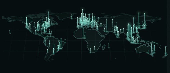 A digital visualization of a world map rendered in cyan against a black background, with vertical glowing lines of varying heights representing data points across continents.