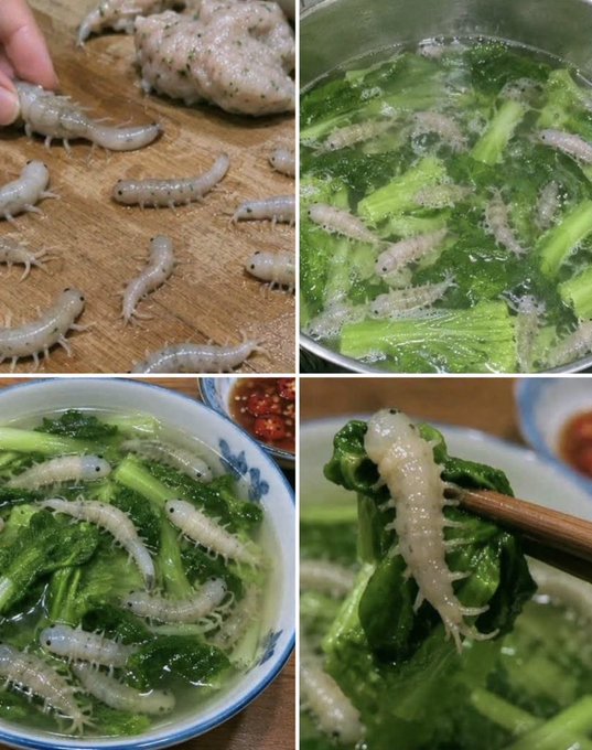 A four-panel collage shows white silkworm-like larvae being prepared and cooked in a green vegetable soup, served in a bowl with chopsticks picking up a larva.
