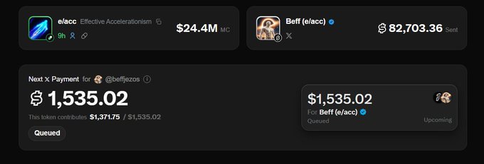 A crypto wallet interface showing balances of $24.4M MC for elacc and $82,703.36 for Beff (e/acc), with a queued next payment of $1,535.02.