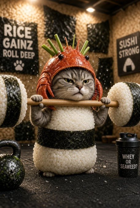 A grumpy gray cat dressed as a sushi roll lifts a barbell made of rice balls and nori, wearing a salmon headpiece in a gym decorated with motivational signs reading "RICE GAINZ ROLL DEEP," "SUSHI STRONG," and "WHEY OR SEAWEED?"—perfectly capturing the "$sushicat" grind-don't-stop spirit.