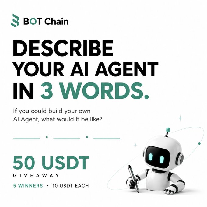 A promotional graphic for BOT Chain's "Describe Your AI Agent in 3 Words" contest, featuring a cute white robot mascot holding a pen next to text advertising a 50 USDT giveaway for 5 winners (10 USDT each). The image visually complements the post's call-to-action by providing a clean, branded template that encourages users to reply with three words describing their ideal AI agent.