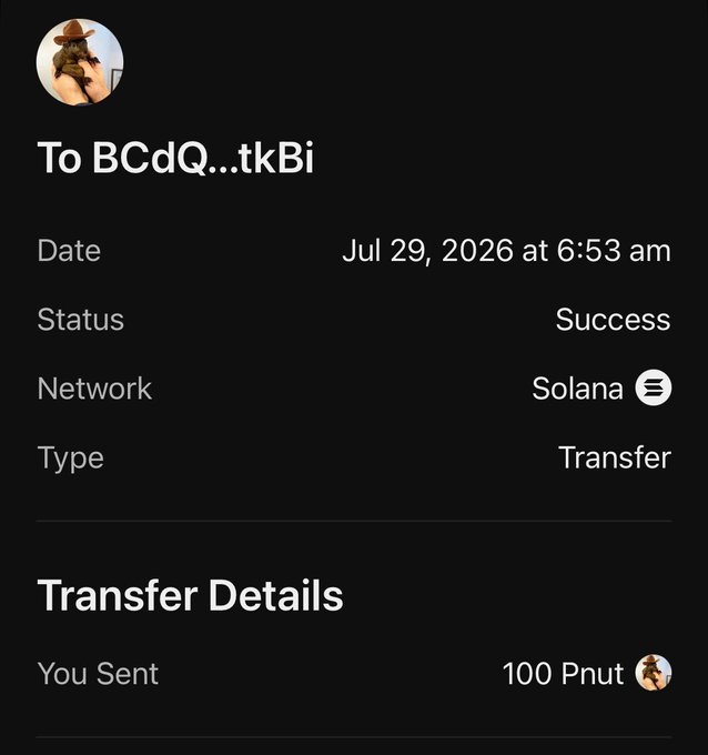 A confirmation screenshot of a successful transfer shows 100 Pnut tokens sent on the Solana network to wallet address BCdQ...tkBi on July 29, 2026 at 6:53 am, verifying the post's claim that "$Pnut dropped to your wallet."