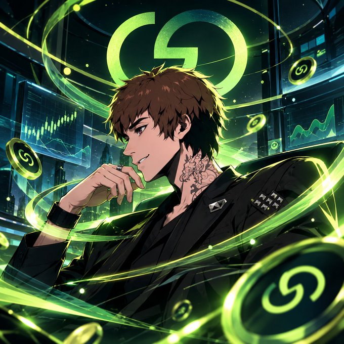 Anime-style illustration of a young man in a black suit amid neon-green financial graphics, with a large “GO” symbol behind him.