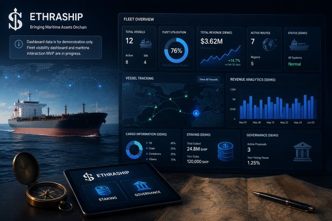 A dashboard interface titled "ETHRASHIP" with the subtitle "Bringing Maritime Assets Onchain", displaying fleet overview statistics like "TOTAL VESSELS 12" and "TOTAL REVENUE $3.62M", alongside an image of a cargo ship.