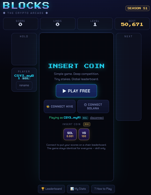 A screenshot of the 'BLOCKS - The Crypto Arcade' game interface on Season S1, displaying an 'INSERT COIN' screen with options to Play Free or connect via Hive or Solana, with the player signed in as 'csv3_mgRi'.