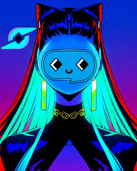 A vibrant anime-style digital illustration of a character with cat ears, turquoise hair, and a speech bubble-shaped face with diamond eyes, set against a blue and purple gradient background.