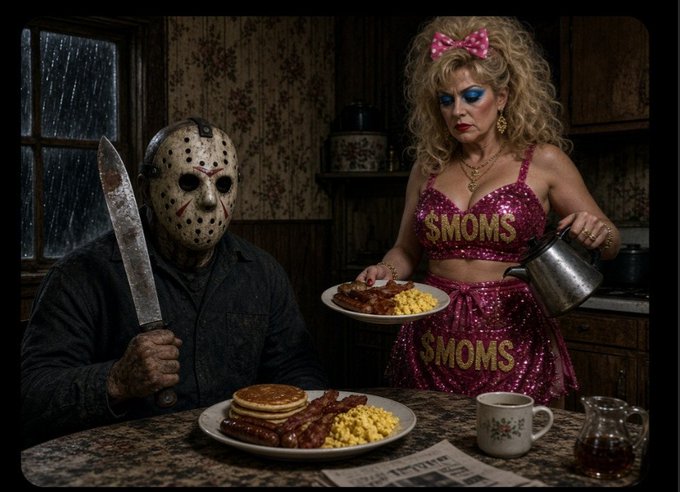 A humorous AI-generated image showing Jason Voorhees sitting at a table while a woman in a pink outfit labeled 'SMOMS' serves him breakfast of pancakes, bacon, and eggs.