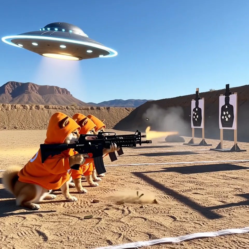 A humorous outdoor shooting-range scene shows several dogs in orange hoodies aiming rifles at black silhouette targets while a saucer-shaped craft hovers overhead and fires a beam nearby.