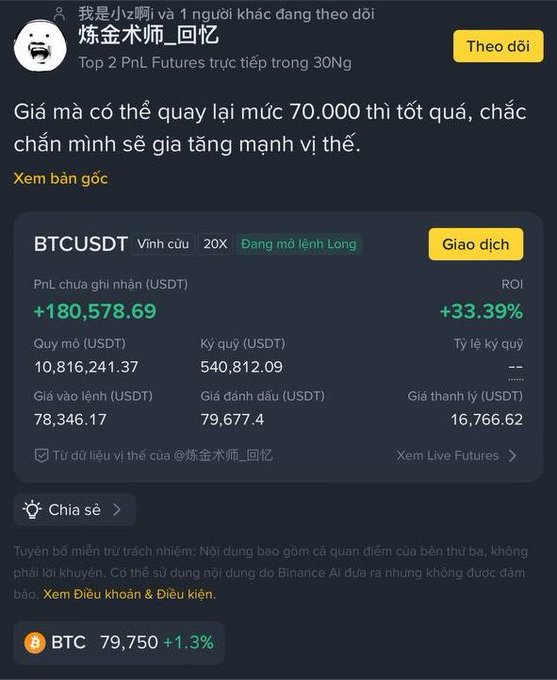 A Binance Futures PNL screenshot in Vietnamese shows BTCUSDT with +180,578.69 USDT profit (+33.39% ROI), posted by user '炼金术师_回忆' who commented about hoping BTC returns to 70,000.