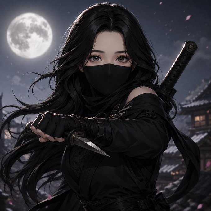 The image features a girl with long hair wearing a black mask, holding a sword or knife, and standing next to a building at night. The caption reads "You can’t spell Ninja without $INJ Ninja for life!". This suggests that the girl is a character from a video game or movie series featuring the name "Ninja", and she is dressed in a way that resembles a ninja's attire.