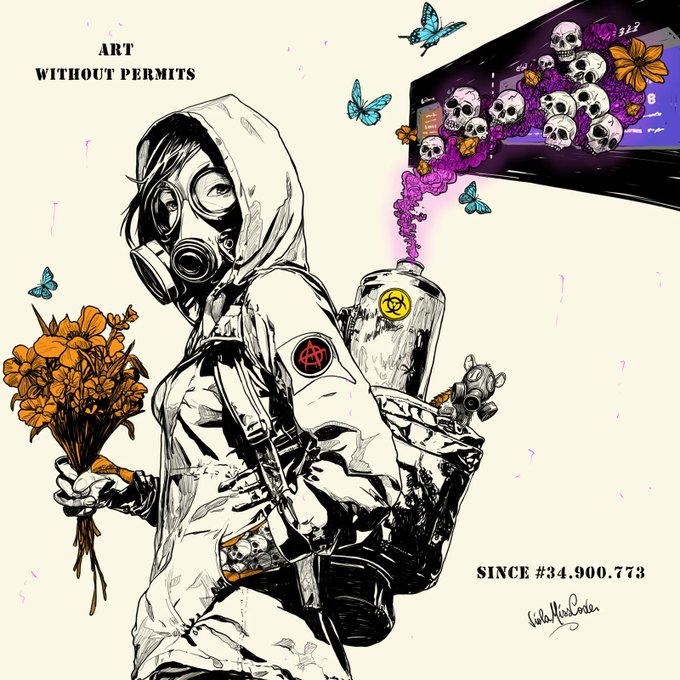 Black and white comic-style illustration titled 'ART WITHOUT PERMITS' by Lola the Series, depicting a hooded figure in a hazmat suit and gas mask holding orange flowers, with skulls and butterflies emerging from a canister.