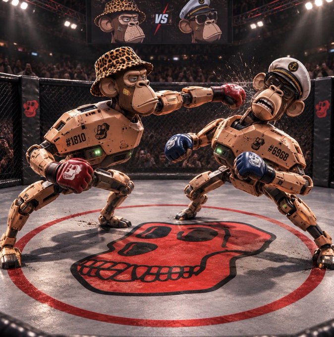 Two mechanical monkey robots wearing leopard and sailor hats face off in a fighting ring, throwing punches at each other above a red skull logo on the canvas.