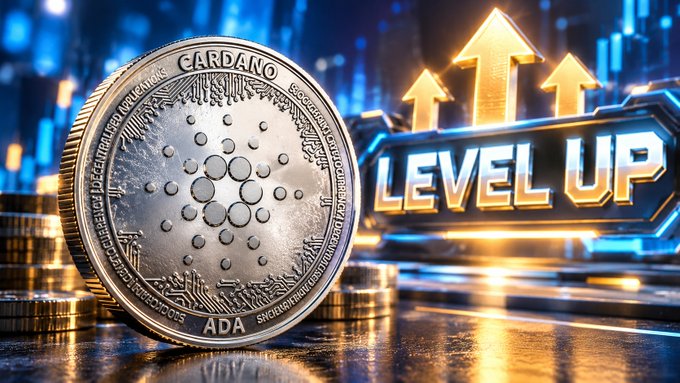 A promotional graphic for the cryptocurrency Cardano (ADA) shows a physical coin next to a "LEVEL UP" graphic with glowing orange upward-pointing arrows.