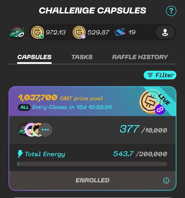 A STEPN GO Challenge Capsules screen showing a GMT prize pool of 1,037,700 with 377/10,000 entries, 543.7/200,000 total energy, and an enrolled status.