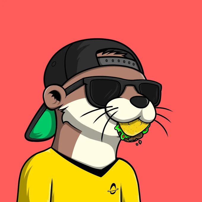 A cartoon dog wearing a backwards black cap, sunglasses, and a yellow shirt is eating a hamburger with lettuce against a red background. The shirt features a small planet/Saturn logo design.