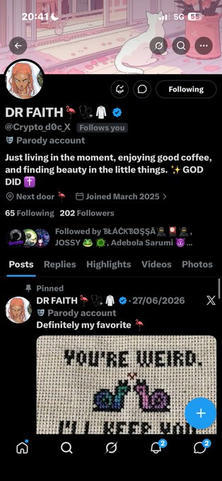A Twitter/X profile page for "DR FAITH" (@Crypto_d0c_X), a parody account with 202 followers, featuring a pinned post with cross-stitch art reading "YOU'RE WEIRD."