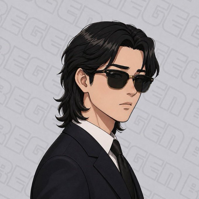 An anime-style illustration of a stylish young man with shoulder-length black hair, wearing sunglasses, a black suit, and tie, posed against a gray patterned background—evoking a "gm" (good morning) crypto Twitter vibe that matches the casual, hype-driven tone of the post.