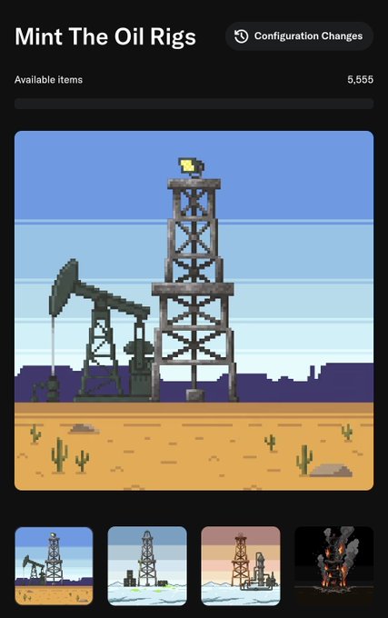 An NFT collection page titled 'Mint The Oil Rigs' showing pixel-art oil rigs in desert, snowy, and volcanic settings, with 5,555 available items.