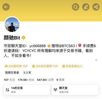 A screenshot of a crypto influencer profile "颜驰Bit" on Binance Square, showing 107 followers, 174.5K fans, 547.5K likes, and badges including "300盈利榜TOP" and "高频交易者 5.3天," with a BTC563 referral code (yc666888). The image relates to the post by highlighting the influencer's credentials and achievements, reinforcing the caption's theme of making money comfortably through crypto streaming on Binance.