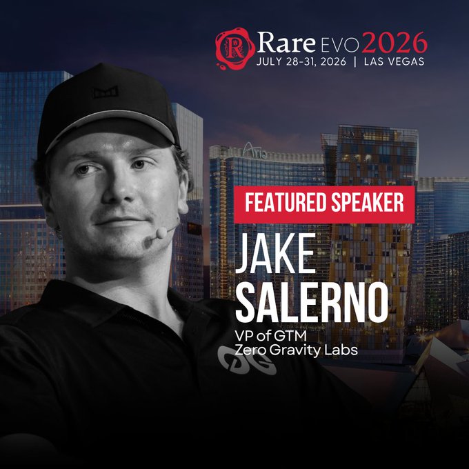 A promotional graphic for RareEVO 2026 (July 28-31, 2026, Las Vegas) featuring featured speaker Jake Salerno, VP of GTM at Zero Gravity Labs, with a Las Vegas skyline in the background.