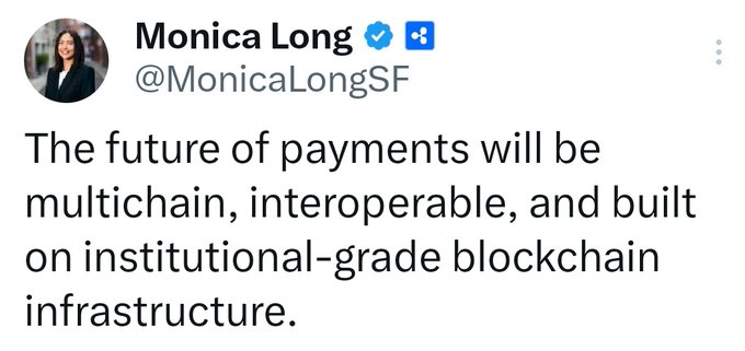 A tweet from Monica Long (@MonicaLongSF), President of Ripple, stating "The future of payments will be multichain, interoperable, and built on institutional-grade blockchain infrastructure." The post highlights her prediction about the evolution of payments technology, tying into the accompanying commentary referencing $RLUSD and $OUSD as relevant assets in this multichain payment ecosystem.