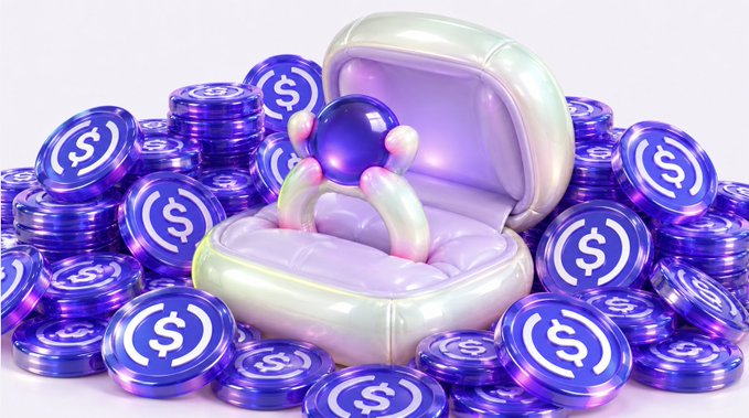 A shimmering engagement ring rests in an open ring box surrounded by piles of coins marked with dollar signs, symbolizing a financial commitment. The image visually reinforces the post's message about "$VOW" launching on Arc, evoking the metaphor of a "promise" sealed by USDC, much like a wedding vow.