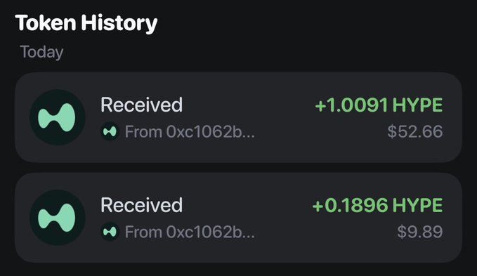 Token history screenshot showing two 'Received' transactions of HYPE tokens (+1.0091 HYPE for $52.66 and +0.1896 HYPE for $9.89) from address 0xc1062b...
