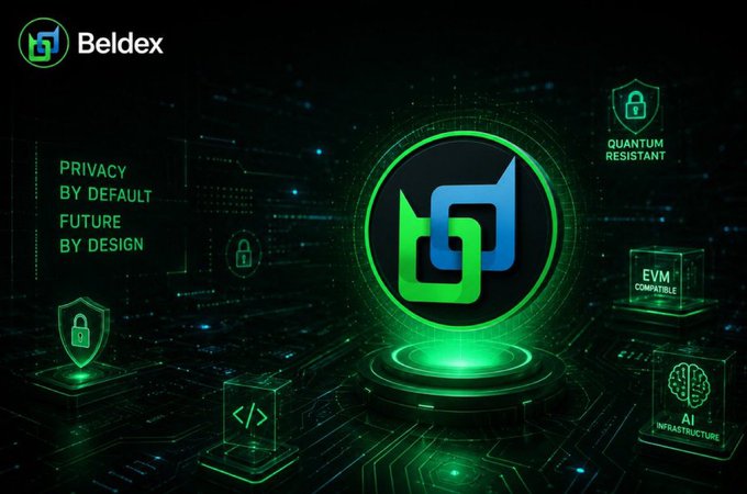 A promotional graphic for "Beldex" featuring a green and blue logo with the tagline "PRIVACY BY DEFAULT FUTURE BY DESIGN" and icons highlighting "QUANTUM RESISTANT," "EVM COMPATIBLE," and "AI INFRASTRUCTURE" features.
