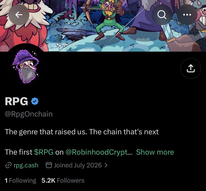 A Twitter/X profile page for 'RPG' (@RpgOnchain), featuring a pixel art wizard logo, with the bio reading 'The genre that raised us. The chain that's next' and 'The first $RPG on @RobinhoodCrypt...'.